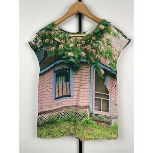Sarah Ball Photography Cottage Garden Artsy 100% Silk Button Back Blouse Size 2